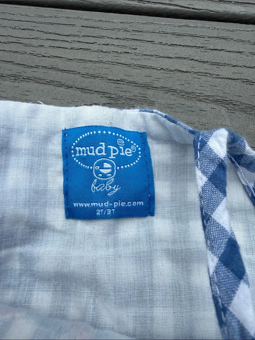 Mud Pie Blue Gingham Ruffle Strap Romper with Red Crab Applique